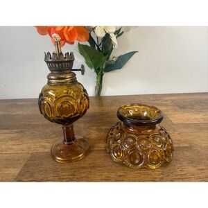 Vintage Moon Stars Fairy Lamp Amber Glass Oil Lamp Pressed Glass Base Shade